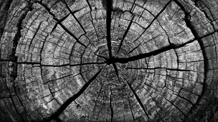 Fototapeta premium Detailed close-up of weathered cracked wood texture showcasing intricate circular growth rings and unique grain patterns in monochrome.