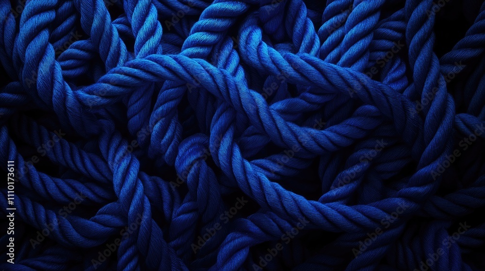 Poster detailed close-up of intertwined blue nylon ropes showcasing texture and complexity in a dark settin