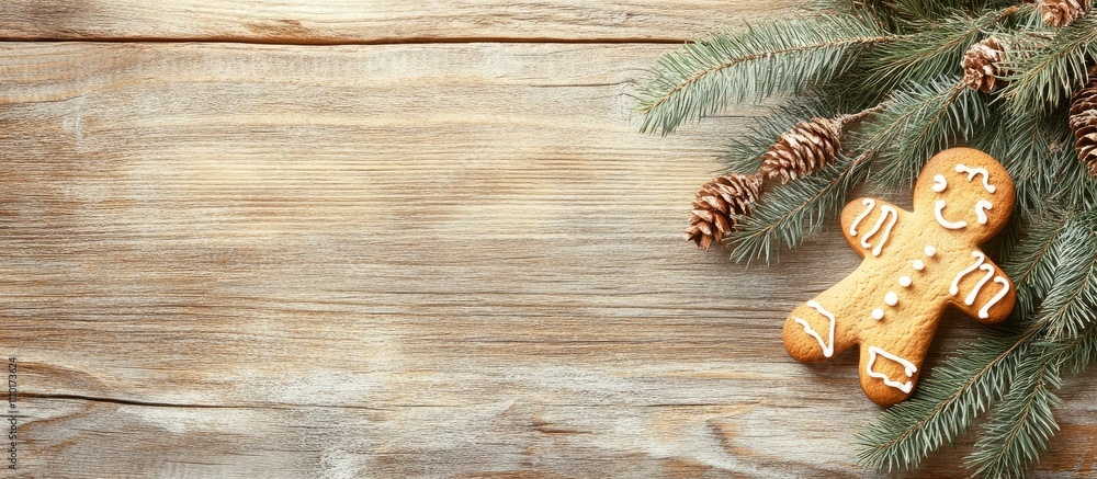 Aufkleber christmas backdrop with gingerbread cookie and evergreen branch on rustic wooden surface for festive