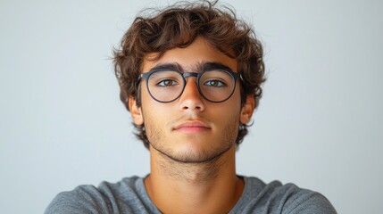 Obraz premium Timid young man with glasses showcasing anxiety and nervousness through body language against a neutral background expressive portraiture