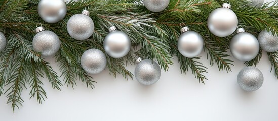 Elegant Christmas table decor featuring silver ornaments and fresh fir branches on a bright white background for festive celebrations.