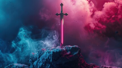 Naklejka premium Great sword stuck in rock, with dark evil smoke and neon light effect, game scene