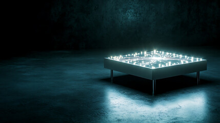 minimalist design featuring glowing AI circuit board on sleek table, creating futuristic ambiance in dark space
