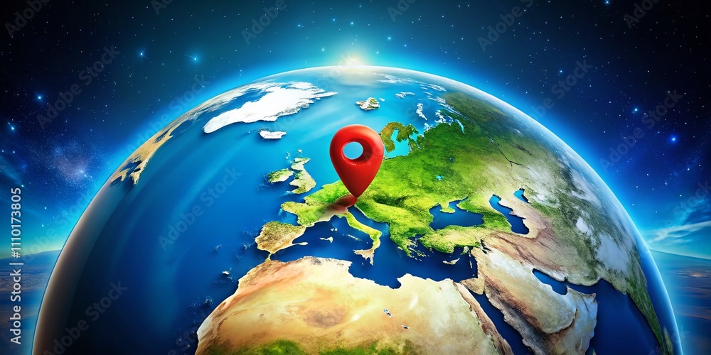 Poster aerial view of earth highlighting gps location with a red pin, showcasing global navigation and mapp