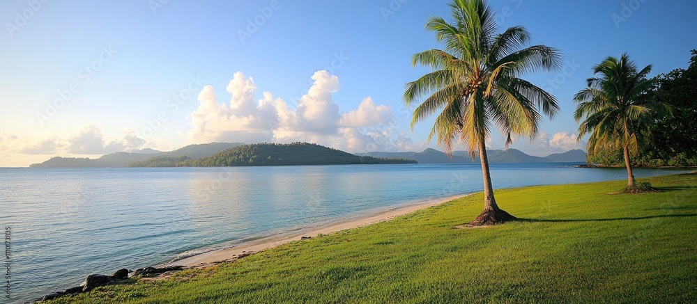 Poster scenic view of coconut trees by the tranquil seaside showcasing a lush green environment and serene 