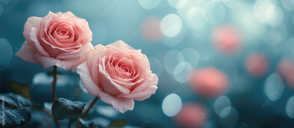 Poster romantic bouquet of pink and white roses with a dreamy blue background representing love and affecti