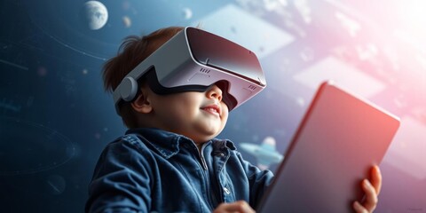 A young boy wearing virtual reality glasses explores a virtual space to learn about geography and the future of technology, geography, online