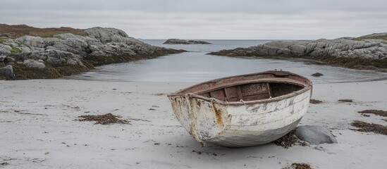 Abandoned boat resting on sandy shore with rocky coastline and calm waters under a cloudy sky in a serene coastal landscape