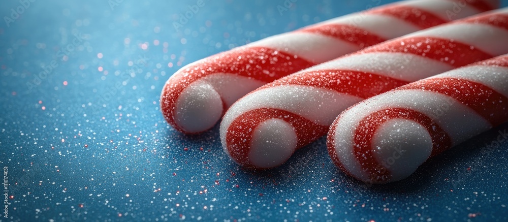 Poster candy canes with red and white stripes arranged on a blue background sparkling with light reflection