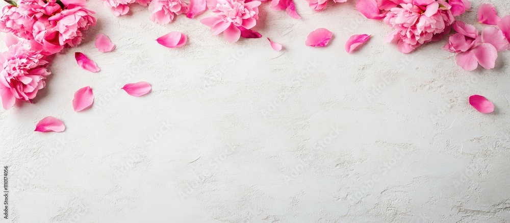 Poster pink peony flowers and petals arranged on a white background with space for text ideal for romantic 