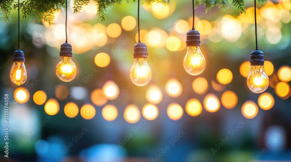 Poster Hanging decorative light bulbs with a soft bokeh background in an outdoor setting showcasing modern design elements and ambiance.