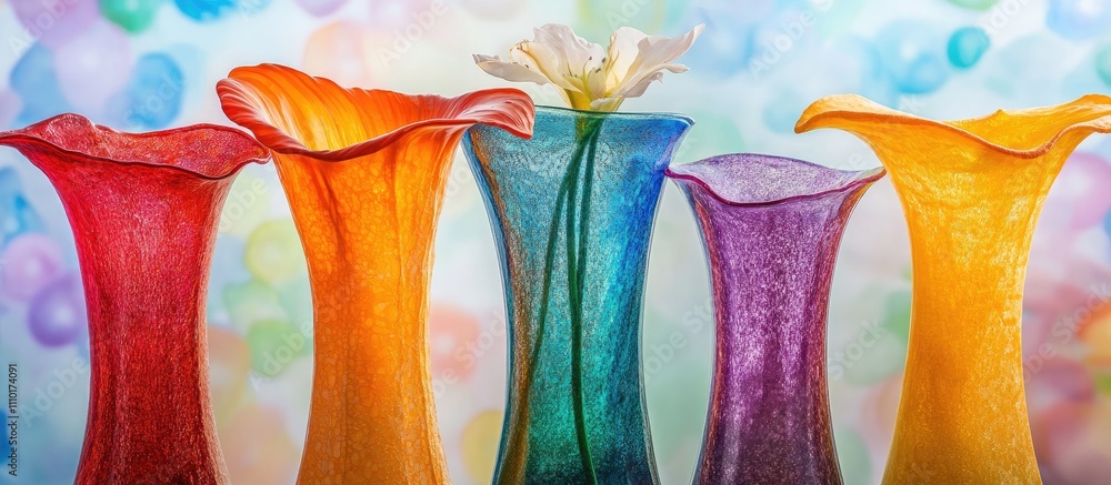 Poster Colorful vases with flower on glossy background creating a vibrant and artistic display of decoration for home or event settings.