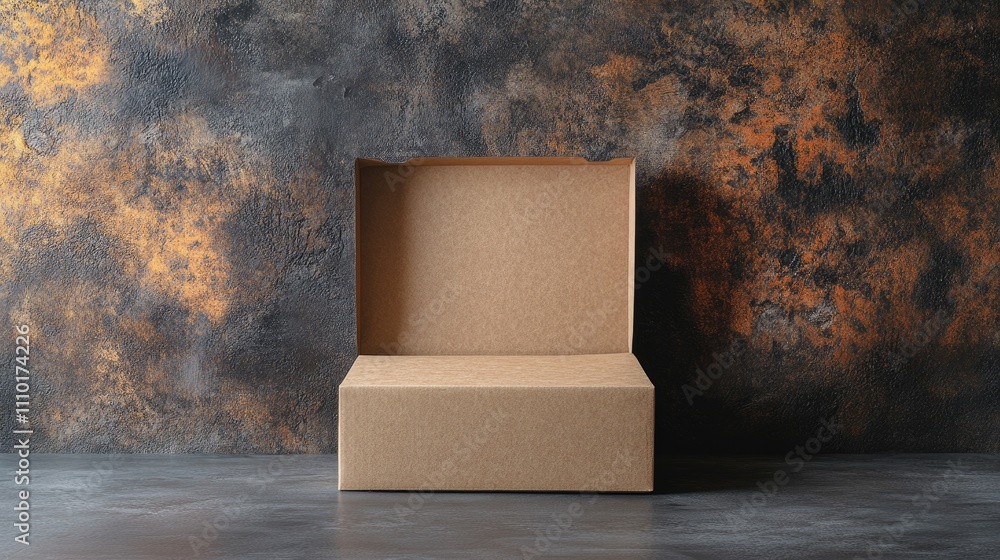 Poster empty kraft cardboard box with open cut-out window for product packaging design on textured backgrou