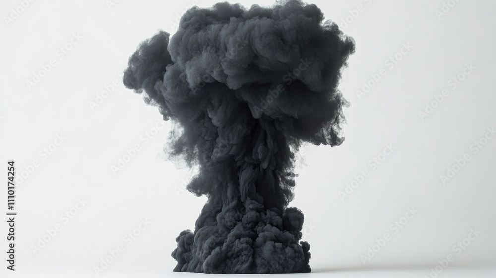 Poster dense black smoke cloud rising against a clean white background creating a dramatic contrast for vis