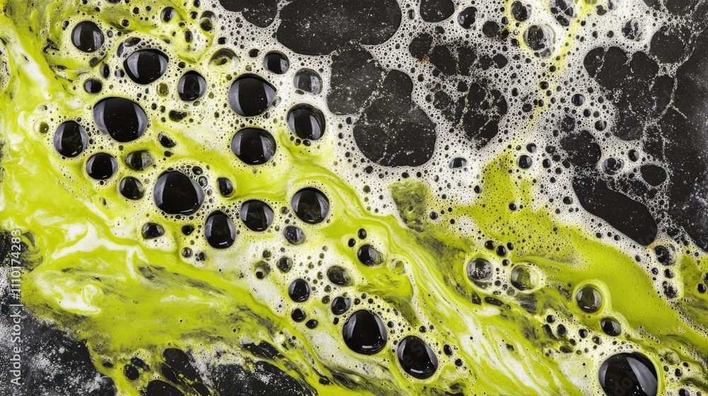 Aufkleber Boiling water bubbles on dark surface with vibrant green accents creating an abstract moody backdrop for artistic designs and projects