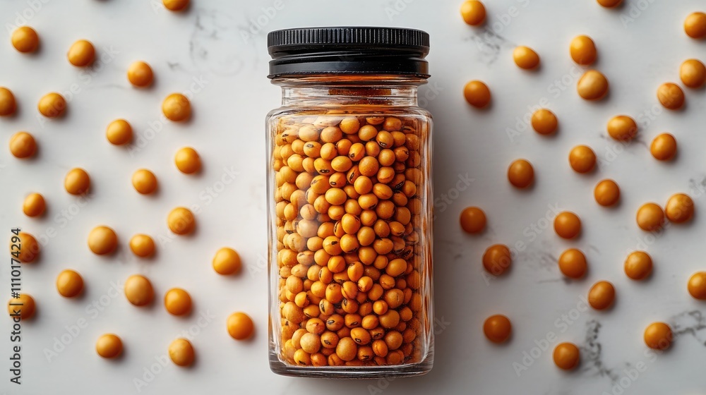 Poster glass jar filled with yellow soybeans surrounded by scattered soybeans on a light background.