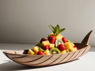 Pineapple boat filled with tropical fruit salsa.