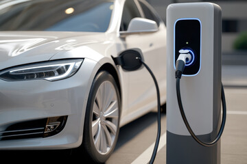 Naklejka premium A close-up image of an electric car charging at a station symbolizing the transition towards cleaner transportation