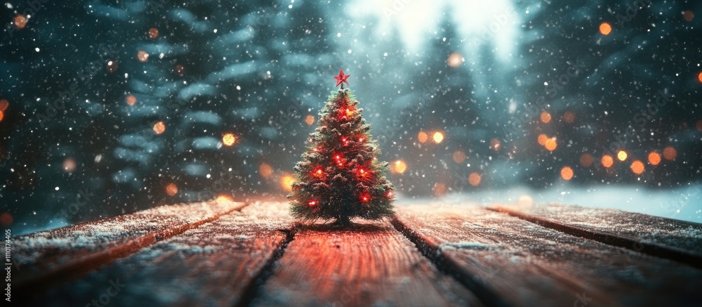 Poster festive wooden tabletop with christmas tree in snowfall and bokeh background ideal for product displ