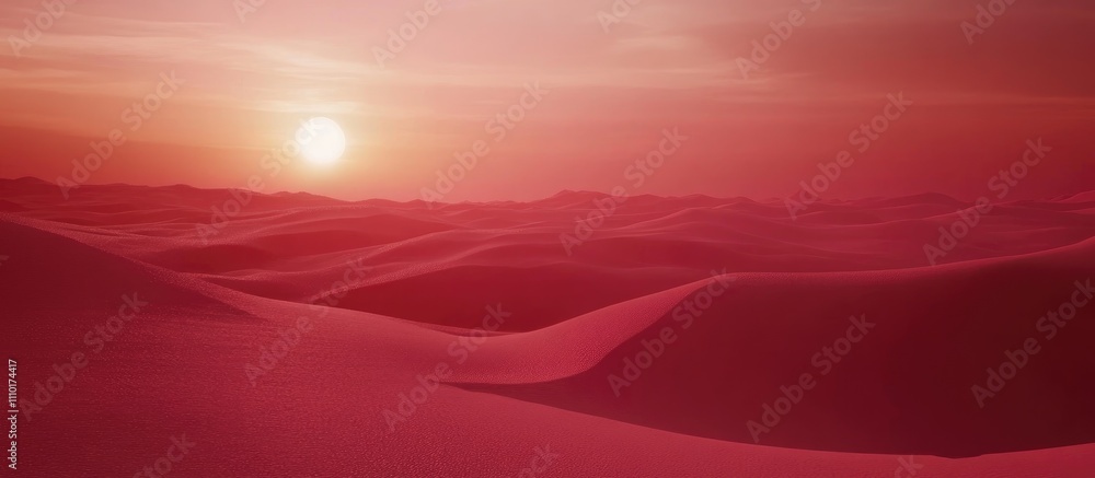 Poster desert landscape at sunrise with soft red hues and rolling sand dunes creating a serene and tranquil