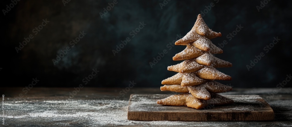 Poster homemade gingerbread cookies arranged in a tree shape with powdered sugar on a rustic wooden board a