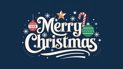 Naklejka premium Merry Christmas festive typography design with ornaments and snowflakes for holiday greeting cards, winter season, and xmas celebrations