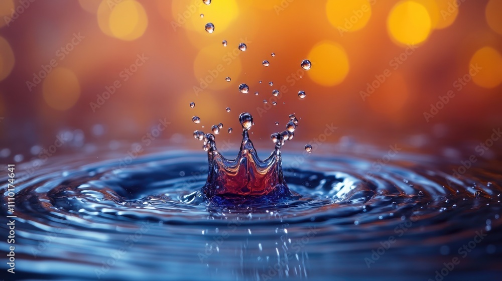 Poster vibrant water drop crown splash with colorful bokeh background creating a mesmerizing liquid motion 