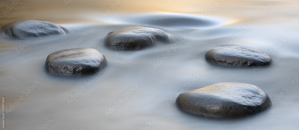 Aufkleber smooth black rocks in gentle water flow at a serene cove captured with long exposure showcasing tran