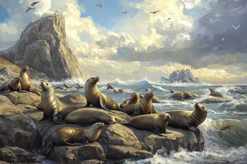 Fototapeta premium Sea Lions Resting on Rocks