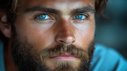 Fototapeta premium Handsome man with beard and striking blue eyes pondering in soft natural light showcasing deep contemplation and serene expression