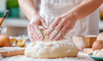 hands kneading bread dough with flour and water in a kitchen 