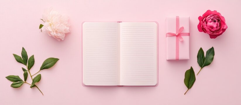 Blank diary notebook surrounded by gift box and blossoms on pastel pink backdrop for creative writing or gift ideas.