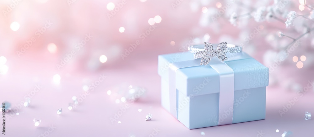 Poster elegant blue gift box adorned with a sparkling bow surrounded by delicate flowers on a soft colorful