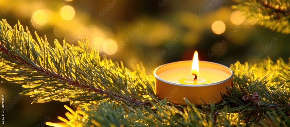 Aufkleber Candle glowing on outdoor fir tree branch with soft bokeh background creating a warm festive ambiance