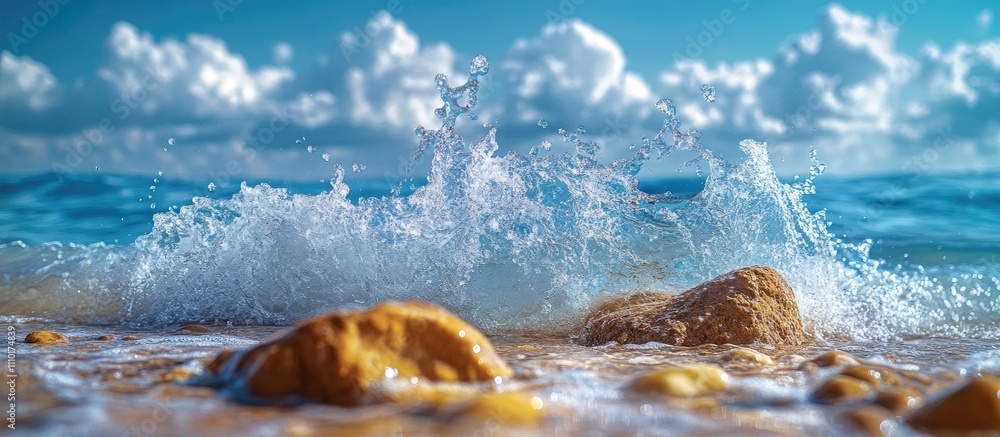 Poster close-up of a dynamic wave crashing against rocks under a bright blue sky with fluffy clouds in the 