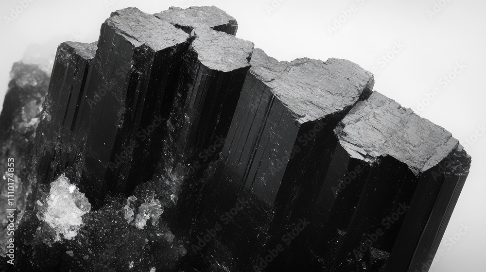 Poster Black tourmaline rough mineral crystal isolated on white background showcasing unique texture and structure in close-up detail