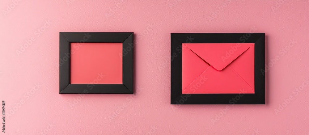 Poster Minimalistic black frame and vibrant envelope on soft pink backdrop perfect for creative and artistic presentation copy space design