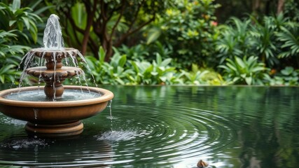 An elegant spa background featuring a serene water fountain surrounded by lush greenery, with blank space for adding text, serene, spa