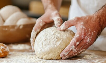 hands kneading bread dough with flour and water in a kitchen 