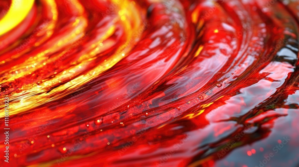 Poster close up shot of rippling red and yellow liquid texture with bubbles and swirling patterns in a dyna