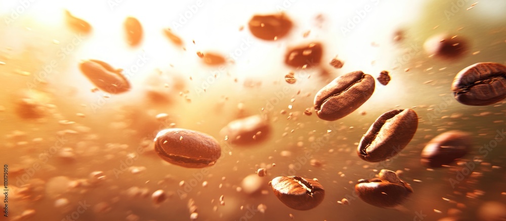 Poster coffee beans in motion with warm bokeh background highlighting freshness and aroma of roasted coffee