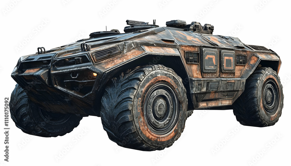 Poster a rugged, all-terrain vehicle designed for exploration and combat in harsh environments.