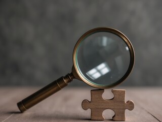 Fototapeta premium Problem Solving and Root Cause Analysis Concept with Magnifying Glass on Wooden Puzzle Piece.