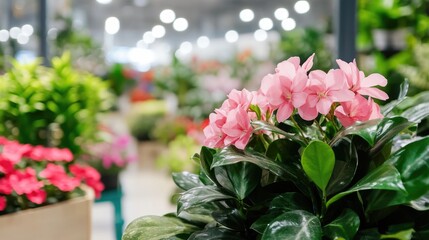 Vibrant garden center sales floor showcasing blooming flowers and lush greenery in a blurred background setting