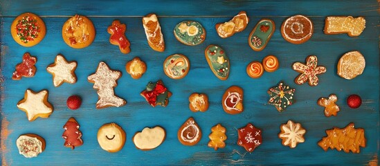 Naklejka premium Festively Decorated Christmas Cookies Displayed on a Vibrant Blue Wooden Background