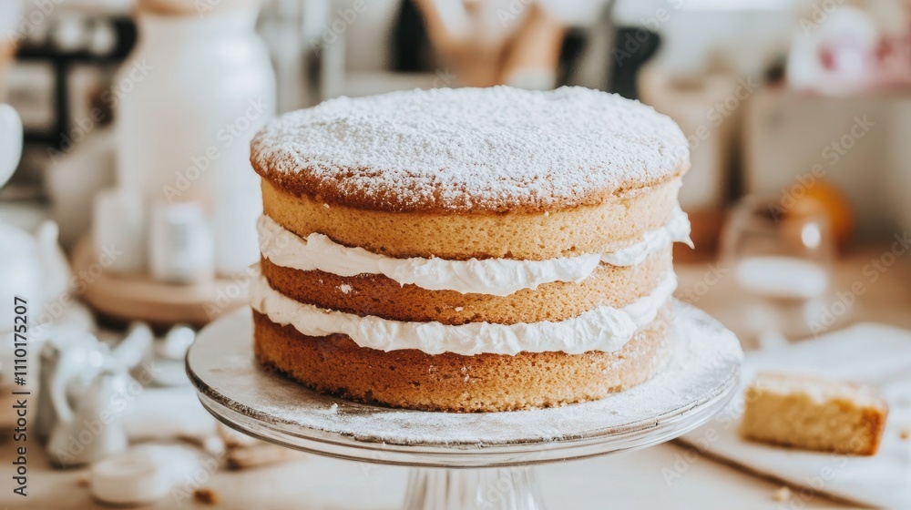 Poster close up of a freshly baked layered cake dusted with flour on a rustic kitchen work surface with a s