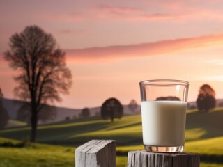 Glass of Milk in a Pastoral Sunset Scene.
