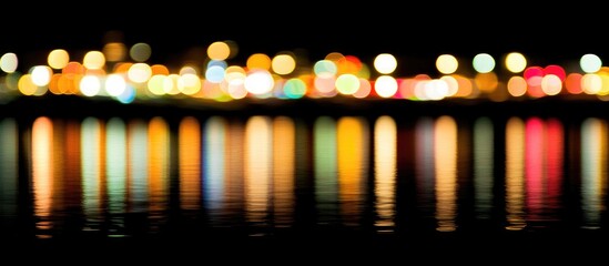 Vibrant blurred lights reflecting on dark water surface creating a mesmerizing abstract background effect