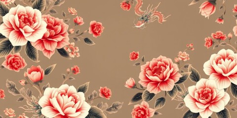 Beautiful seamless pattern featuring vintage Chinese dragons and peonies embroidery design, perfect for t-shirt printing and textile art projects, seamless pattern, peonies