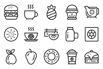Breakfast, Fruits, Burger, Coffee related editable stroke outline icons set isolated flat vector illustration on white background